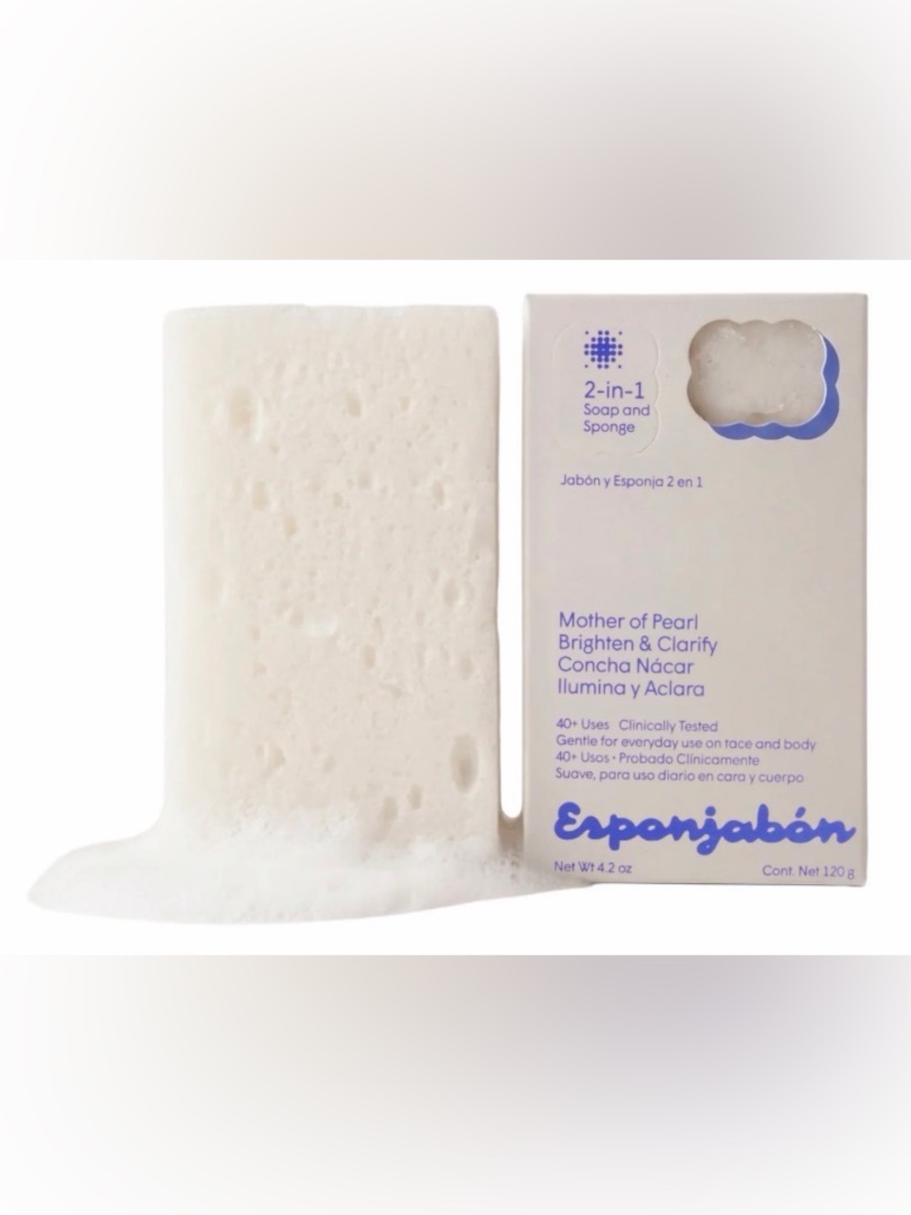 NWT. Esponjabón Mother of Pearl Brighten & Clarify 2-in-1 Soap + Sponge